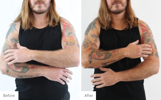 1 - Before and After Real Results of a man's torso from using the 3-in-1 Self Tanning + Sculpting Foam.